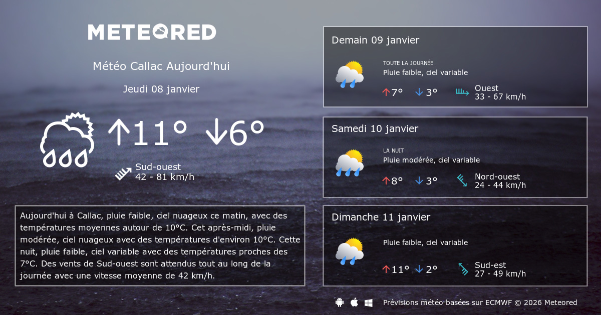 Météo Callac heure par heure Meteored
