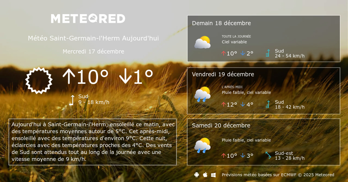 Météo SaintGermainl'Herm heure par heure Meteored